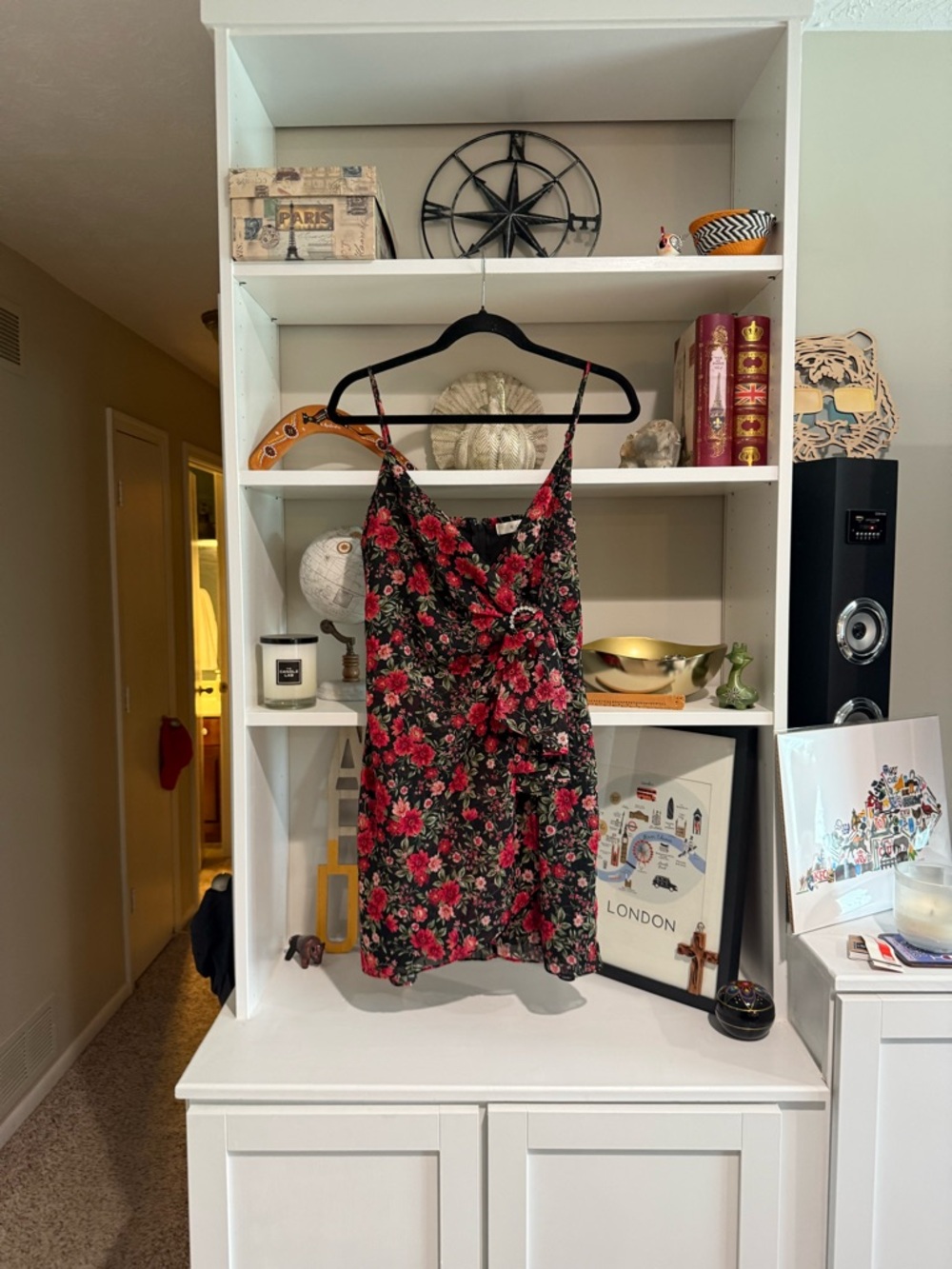 Women’s Floral Slip Dress - Black with Red Rose Print